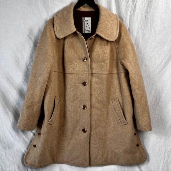 Vintage Penguin Pure Wool Coat Women ML Beige Tan Pea Coat Trench Union Made USA - Picture 1 of 16